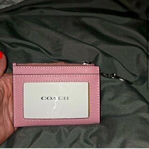 Coach NWT card-holder, pink leather exterior, brown suede interior
